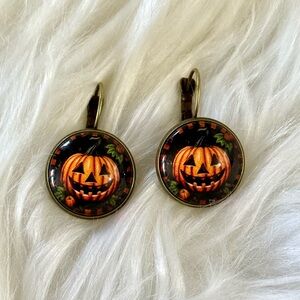 Halloween Pumpkin Jack O Lantern Dangle Earrings Black Orange